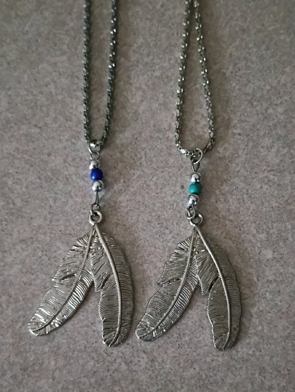 Silver Feather Pendant Necklace with Blue and Turquoise Beads